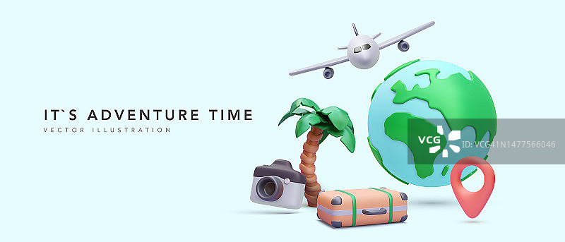 冒险时间概念海报在3d现实主义风格的星球，飞机，棕榈树，手提箱，相机，指针。矢量图图片素材