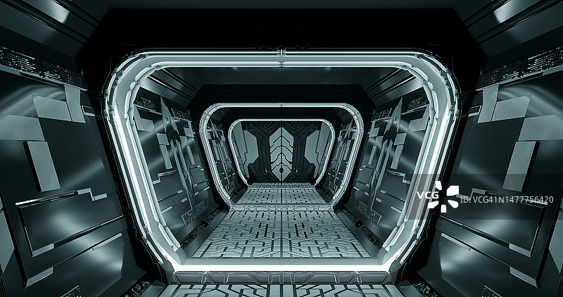 3 d渲染。太空船或实验室走廊在明亮的灯光下。高科技，未来设计。图片素材