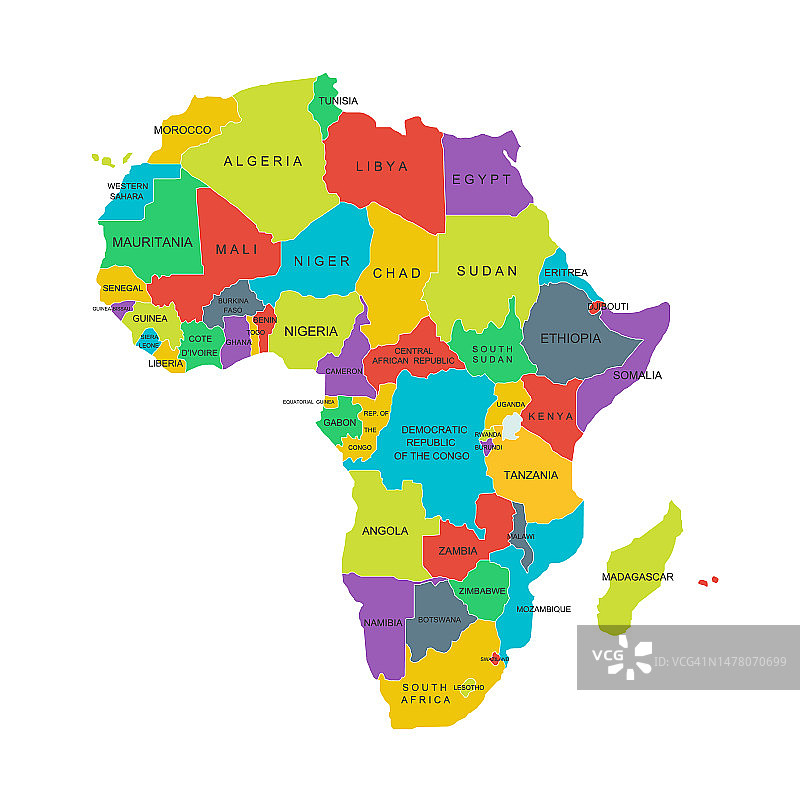 带有国家名称的非洲政治地图。图片素材