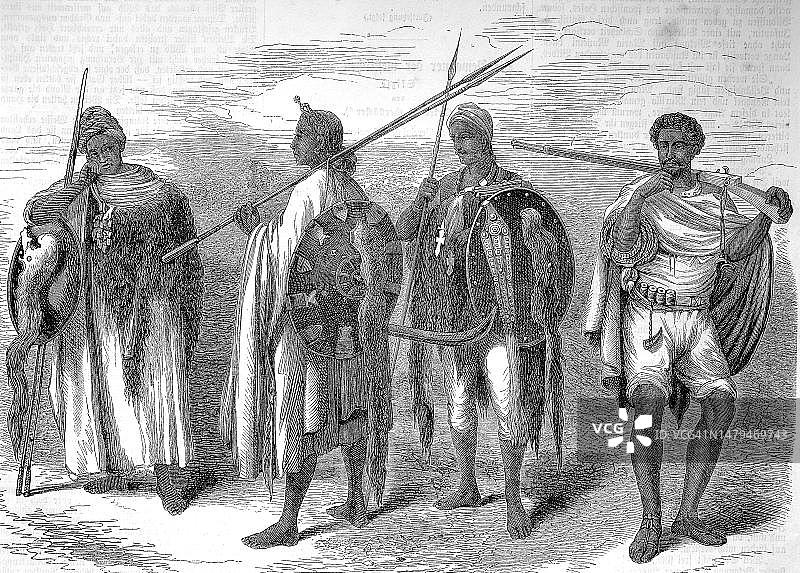战士来自阿比西尼亚，约1885年，埃塞俄比亚帝国，埃塞俄比亚，历史性的，数字修复的原始19世纪绘画的复制品，确切的原始日期未知图片素材