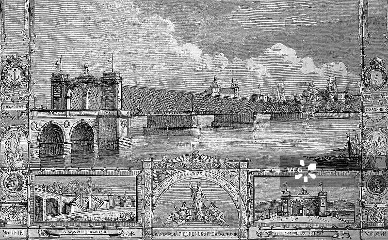 1890年左右，德国曼海姆和路德维希港之间的莱茵河上的新桥，历史性的，原始19世纪模型的数字修复复制品，确切的原始日期未知图片素材