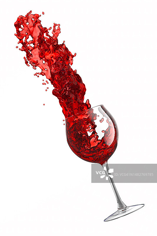 杯子里的红酒和溅起的液体被隔离在白色的背景上。图片素材