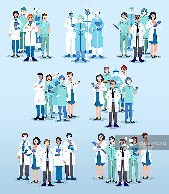 一组医疗小组医生和护士的卡通人物。扁平化设计。向量。图片素材