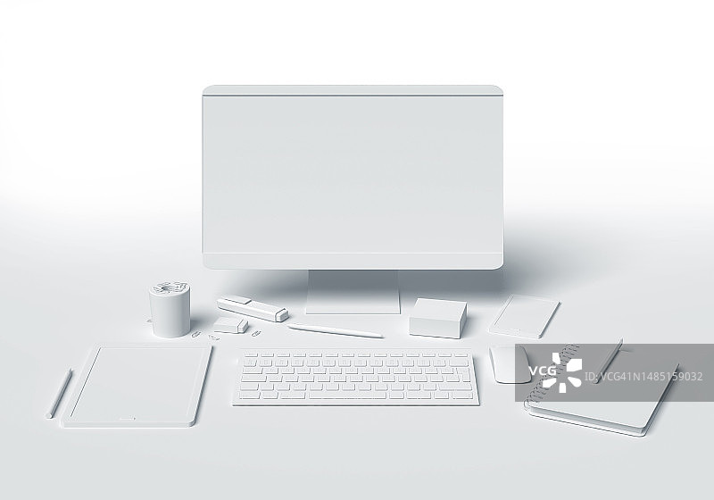 白色空白办公室技术和用品3d在白色背景上，罗马尼亚图片素材