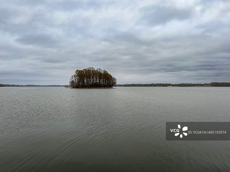 冬日里光秃秃的树木的剪影映在漆黑的湖面上。图片素材