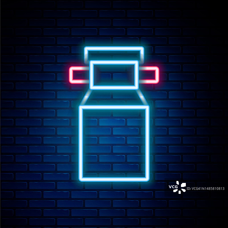 发光的霓虹灯线罐牛奶图标隔离在砖墙背景。色彩缤纷的轮廓概念。向量图片素材