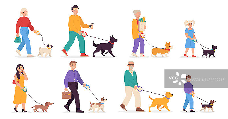 一组矢量插图与不同年龄的人走不同品种的狗。图片素材