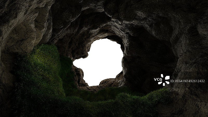 从长满草的深洞看，岩石山的洞，日落。三维渲染图片素材