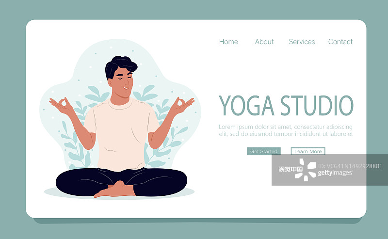 瑜伽工作室网页模板。一个男人做瑜伽，冥想。国际瑜伽日。为网站和移动网站设计平面网页的现代概念。矢量插图。图片素材