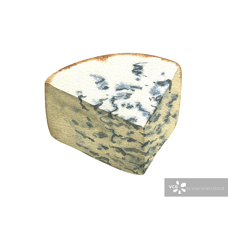 水彩块蓝奶酪美味的模具，软奶乳制品。美味的食物手绘插图孤立的白色背景。适合菜单，食谱，标签，包装设计。图片素材