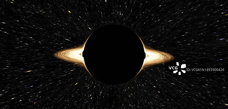 黑洞辐射引力场时间弯曲类星体扭曲重力时空弯曲。事件视界宇宙背景在深空三维插图图片素材