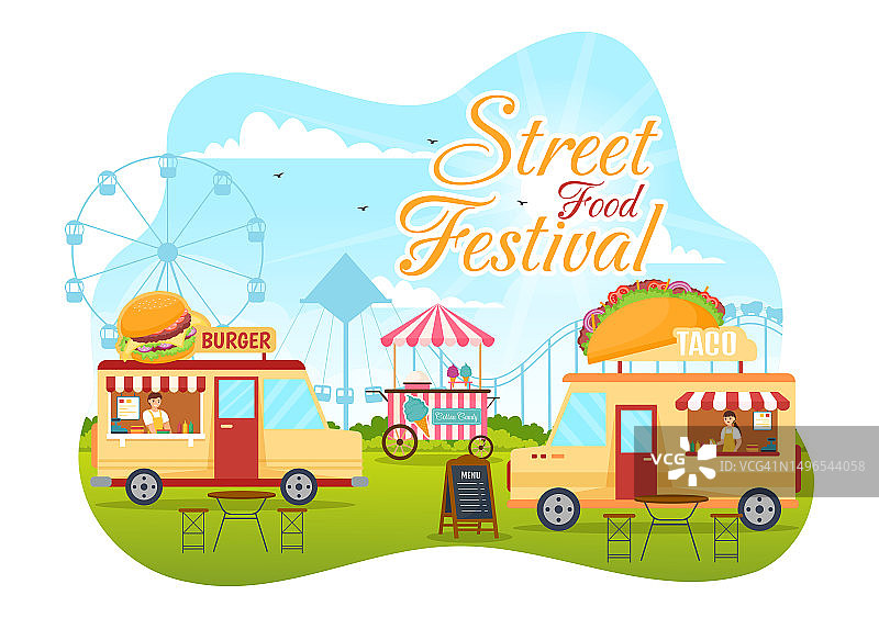 街头美食节事件矢量插图与人在夏季户外城市公园在平面卡通手绘模板食品卡车图片素材