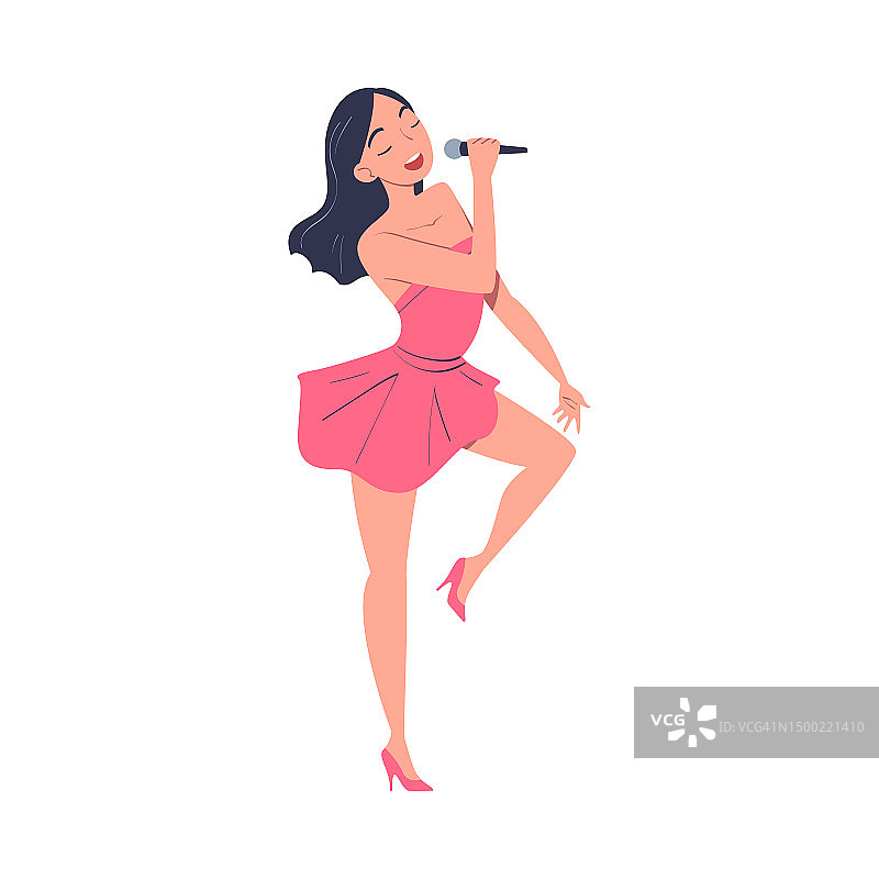 女歌手用麦克风表演。美丽的黑发女子在短裙子唱歌和跳舞的卡通矢量插图图片素材