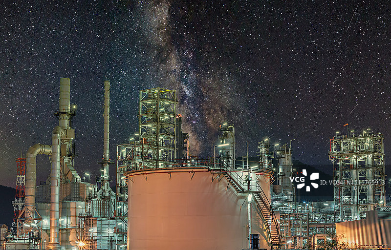 炼油厂的景观和银河与美丽的夜间照明，炼油厂与油罐储存，石化厂图片素材