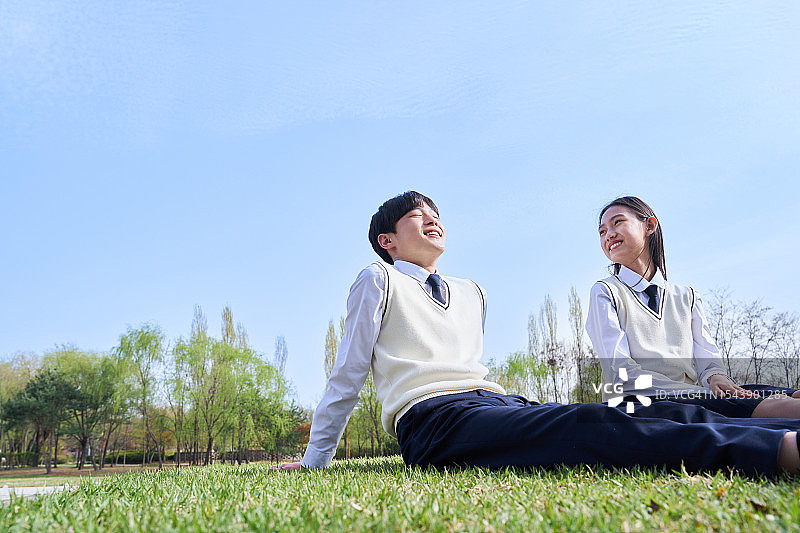 青少年和他们的朋友坐在草地上，灿烂地微笑着图片素材