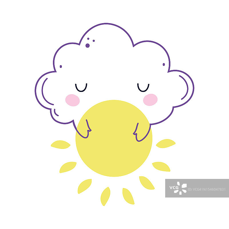 可爱的毛茸茸的云闭着眼睛抱着明亮闪亮的黄色太阳矢量插图图片素材