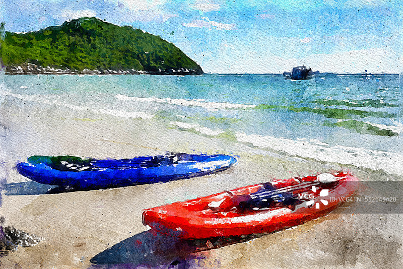 一个宁静的海景彩色抽象水彩画。泰国四昌岛著名的海滩。图片素材