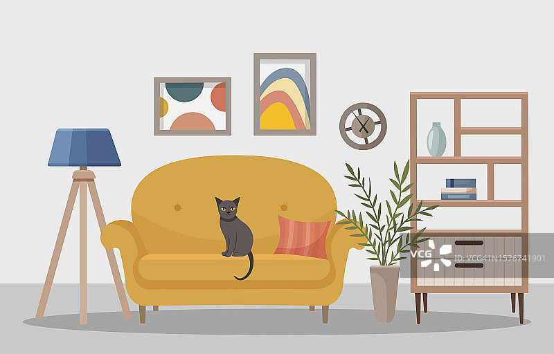 舒适的客厅，黄色的沙发和书柜。猫正坐在沙发上。家里的家具。客厅内饰有沙发、油画、台灯、家居花、书柜。向量。图片素材