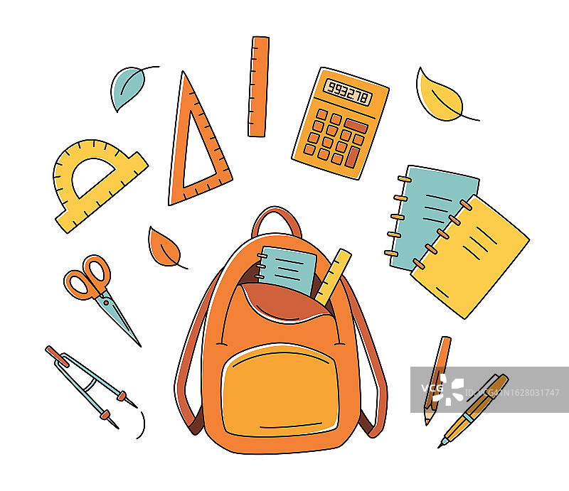 学校涂鸦背包里有笔记本、尺子、量角器、钢笔、铅笔、剪刀、分割器、尺子、计算器。回到学校的概念。矢量图图片素材