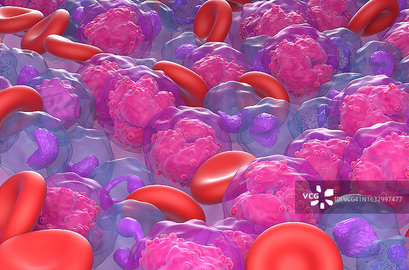 急性淋巴细胞白血病血流场中的所有癌细胞特写三维插图图片素材