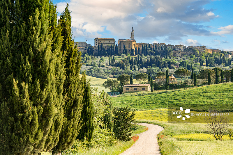 托斯卡纳的风景。背景是美丽的皮恩扎小镇。意大利图片素材