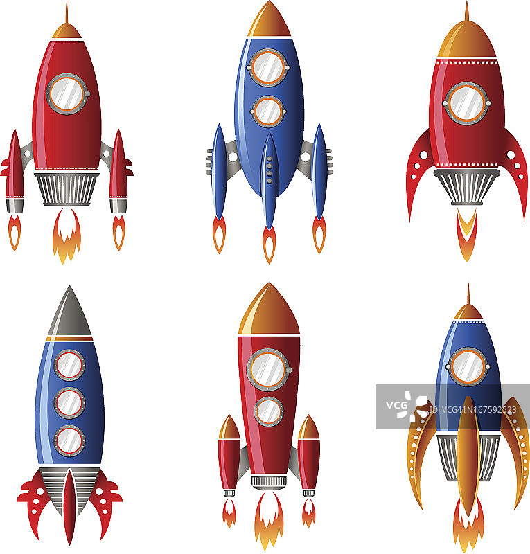 六种红色和蓝色的火箭设计图片素材