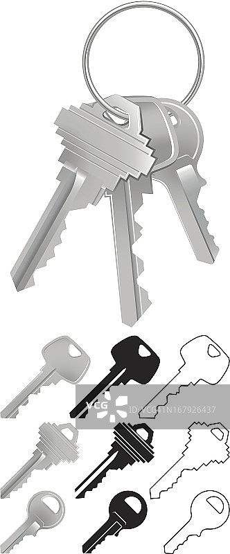 3个钥匙在一个环上，上面的技术图纸为每个钥匙图片素材
