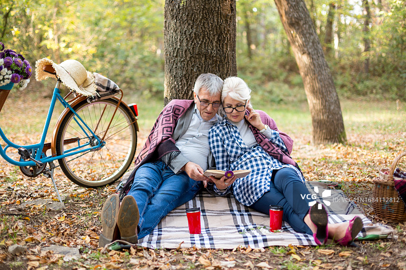可爱的老夫妇坐在一起看书，在公园休息图片素材