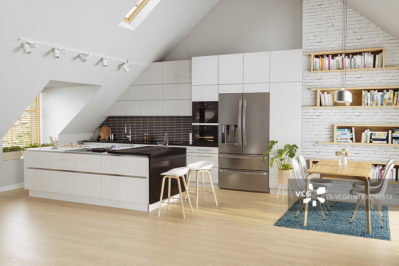 现代厨房在阁楼与白色橱柜，厨房岛，餐桌和椅子图片素材