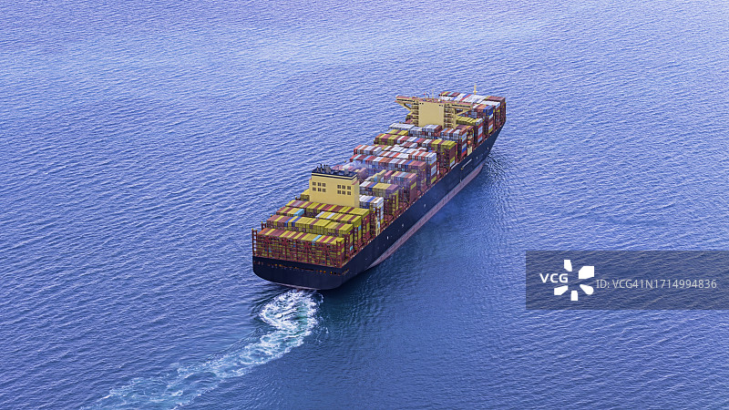 航拍出海的大型集装箱货轮。图片素材