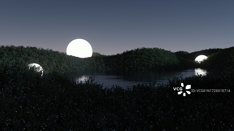 Dreamscape 3D夜深蓝色场景平静的数字艺术景观与光球霓虹灯白色图片素材