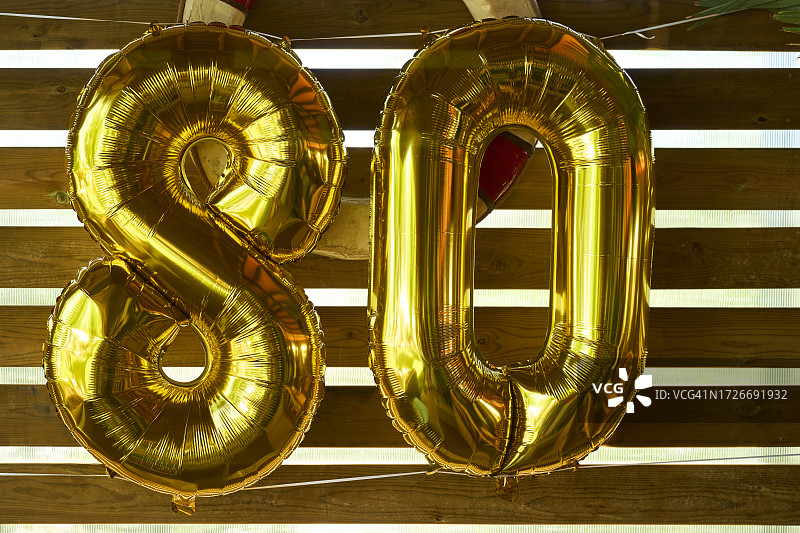 生日庆典上的金色气球特写，正面，上面有巨大的装饰数字图片素材