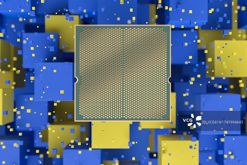 CPU漂浮在抽象的蓝色和黄色立方体之上图片素材