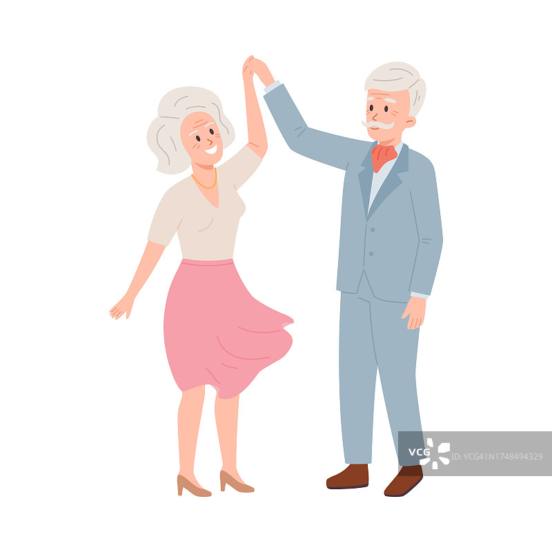 快乐的老年夫妇跳舞，平面矢量插图孤立的白色背景。爷爷奶奶有积极的生活方式。老人们玩得很开心。图片素材