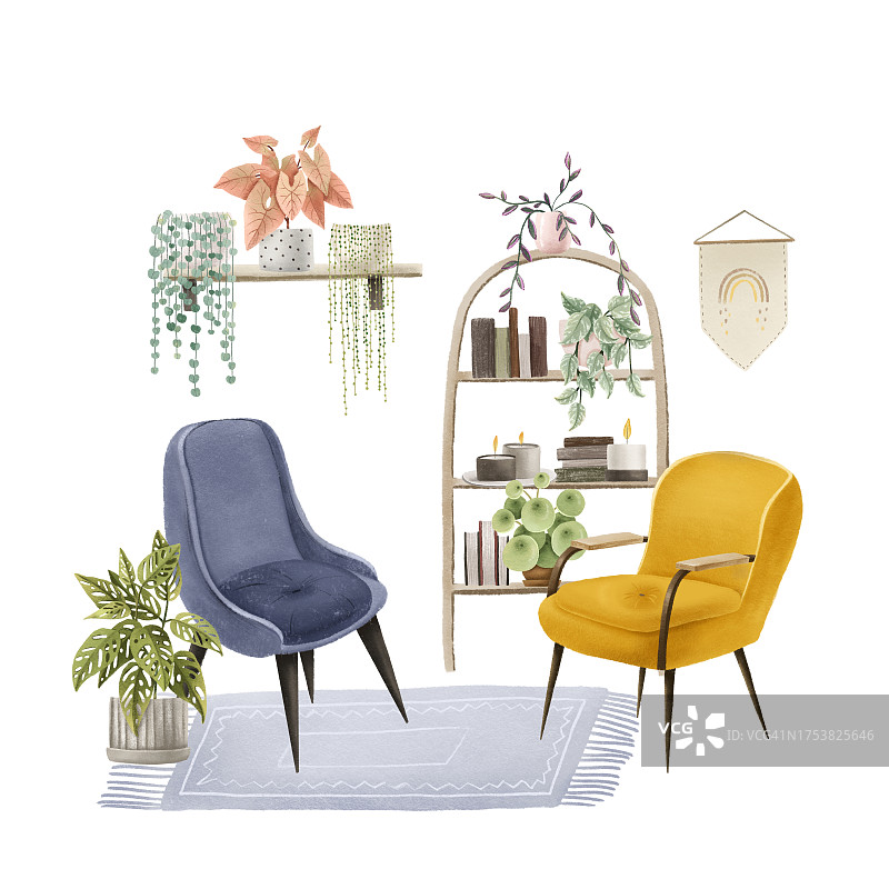 客厅里有两把扶手椅和一个装有室内植物的木架子。手绘插图。舒适的室内图片素材