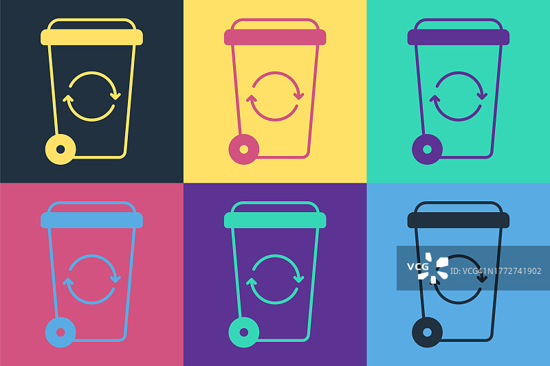 波普艺术回收站与回收符号图标孤立的彩色背景。垃圾桶图标。垃圾桶标志。回收箱标志。向量图片素材