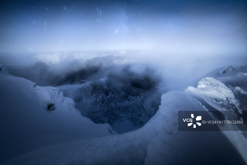 斯洛伐克，夜晚，白雪覆盖的山脉映衬着天空图片素材