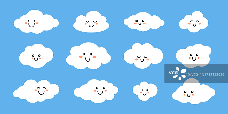 矢量集白色微笑的云与脸在蓝色的背景。可爱有趣的云收集在平面设计。图片素材
