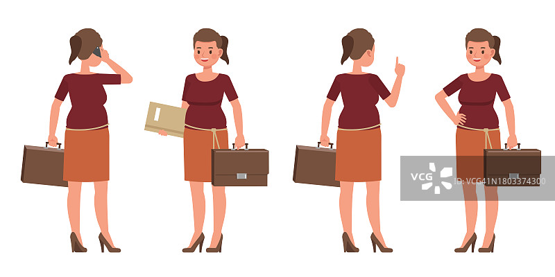 一套职业妇女穿红色衬衫的颜色矢量字符设计。呈现在各种动作中。在办公室工作的人进行规划、思考和经济分析。图片素材