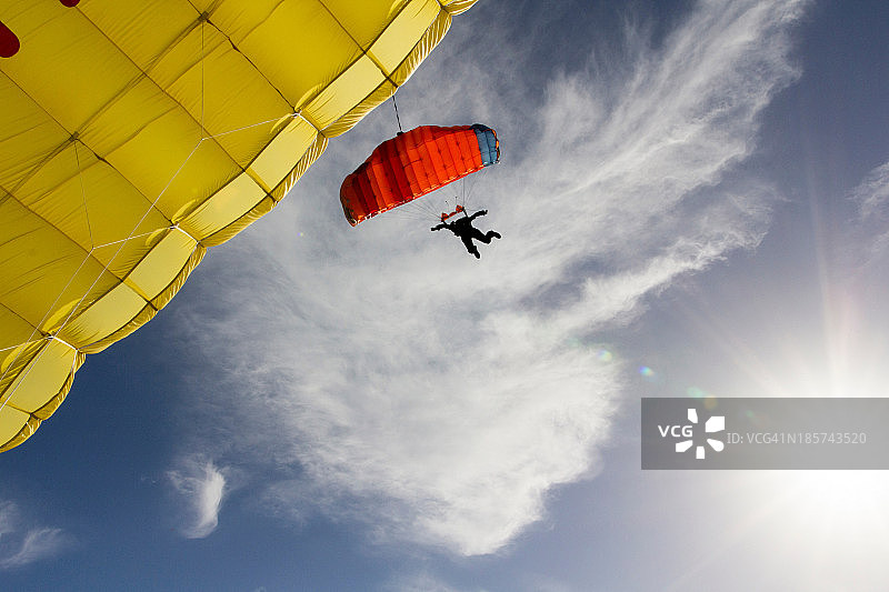 女跳伞手握黄色降落伞图片素材