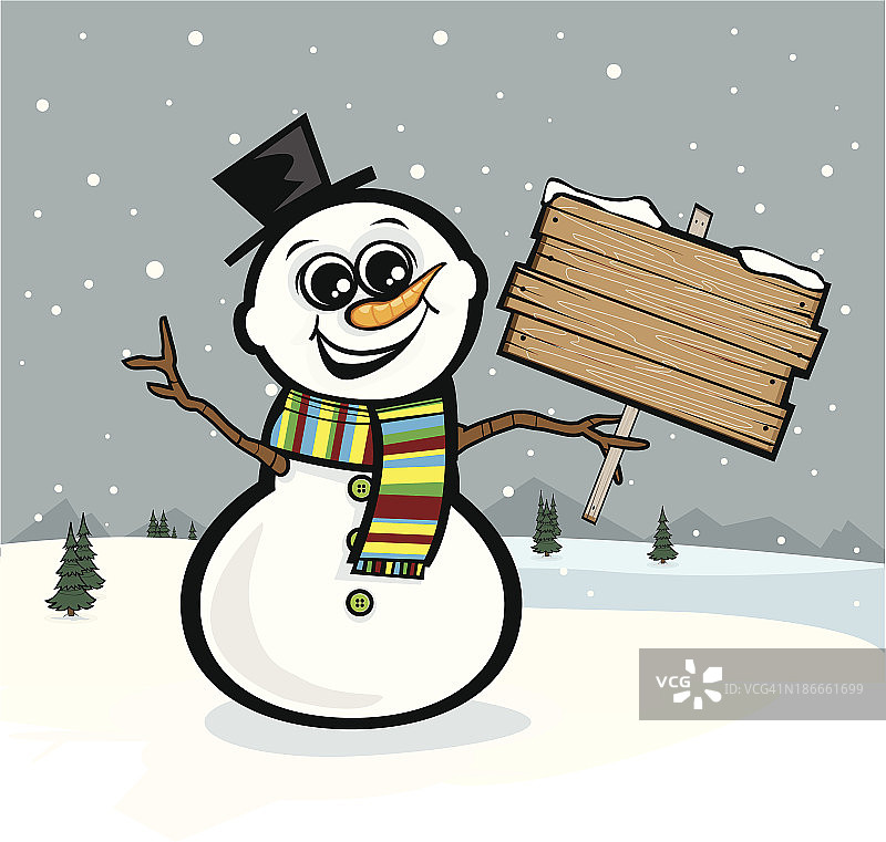 雪人在冬天的场景中举着标志图片素材