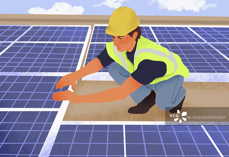 男工程师在屋顶上安装太阳能电池板图片素材