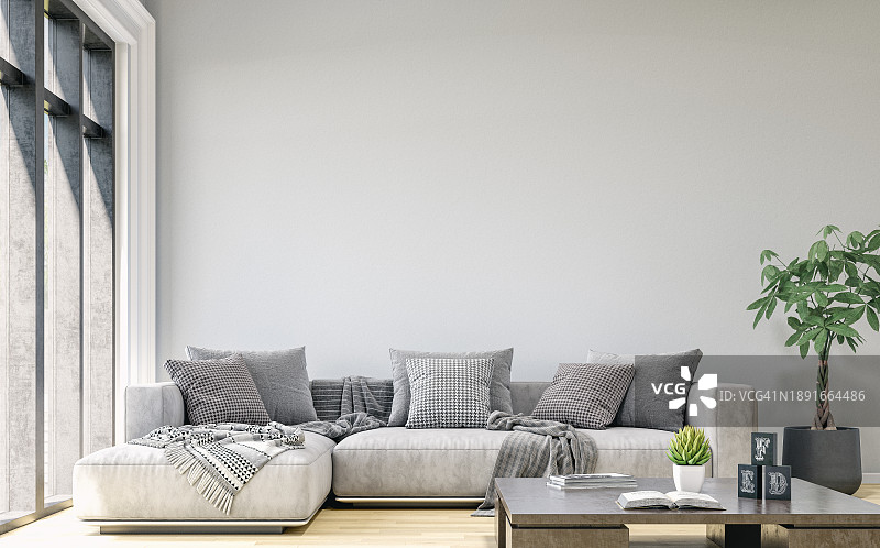 一个舒适，优雅，现代客厅的正面视图，灰色的沙发，窗户，装饰图片素材