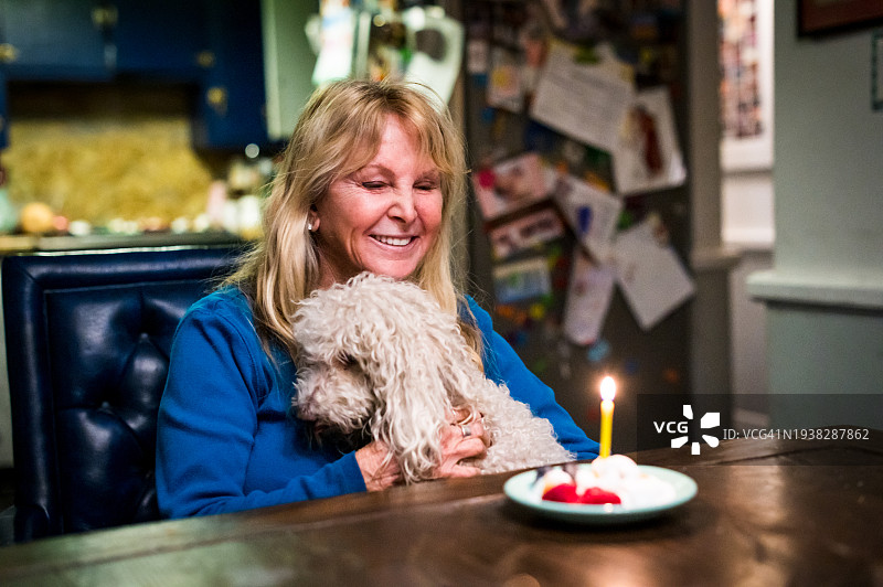 一个60多岁的成熟女人在家里吃着生日蛋糕，带着她的宠物狗过生日图片素材