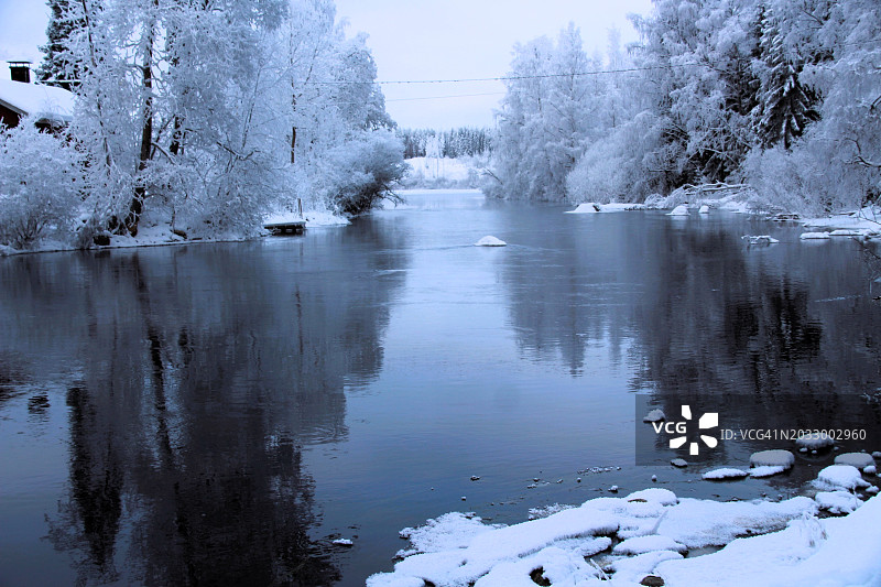 冬日冬日，芬兰维拉特，冰冻的湖面映衬着天空图片素材