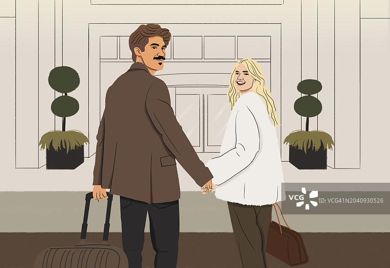 画像上幸福的夫妇，手拿行李箱旅行，抵达酒店图片素材