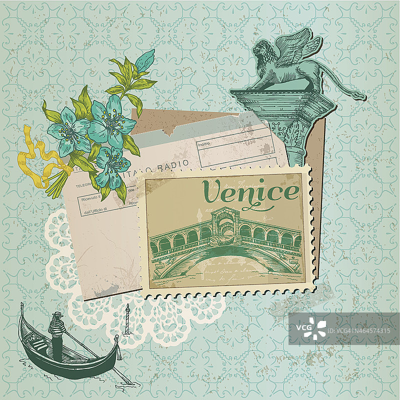 剪贴簿拼贴画和一张古老的威尼斯邮票图片素材