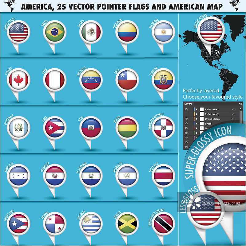 美国指针旗帜图标与美国地图set1图片素材