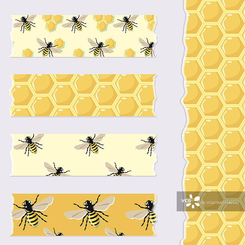 一套可爱的蜜蜂和蜂蜜图案Washi胶带条图片素材