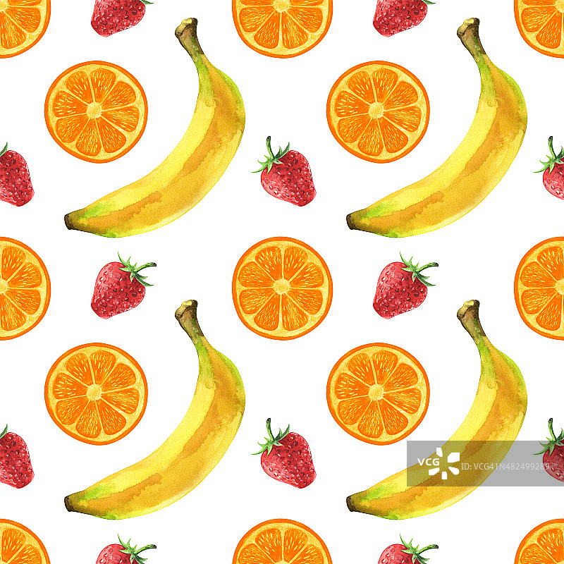 水彩无缝图案与草莓，橙子和香蕉图片素材